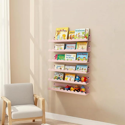 Nursery Book Shelves Set of 6, Pink Metal Floating Shelves for Wall, 16 Inch Scalloped Book Shelf for Kids Room, Bathroom, Bedroom, Playroom Wall Decor & Storage