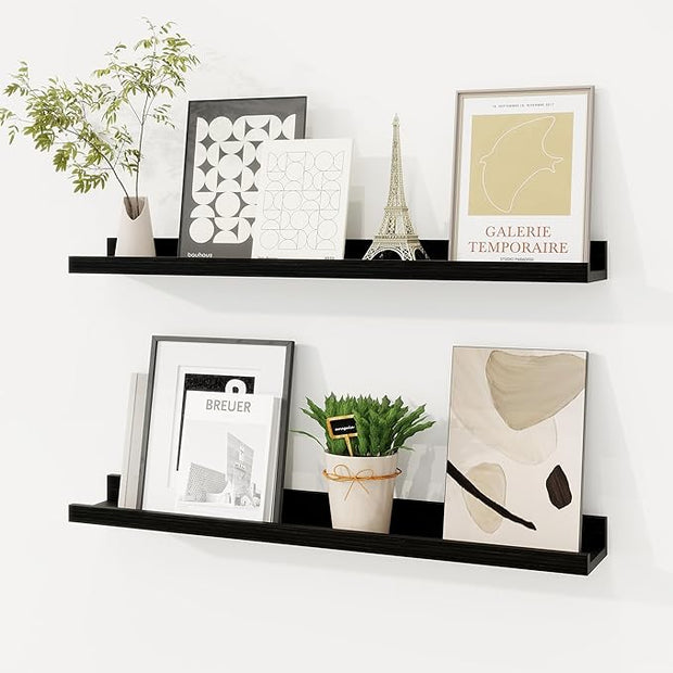 Picture Ledge Shelf, Floating Shelves Set of 2, 24 Inches Solid Wood Nursery Book Shelves for Toys Storage, Kids Bookshelf Wall Mounted for Living Room Bedroom Decor Books Photo Frames, Black