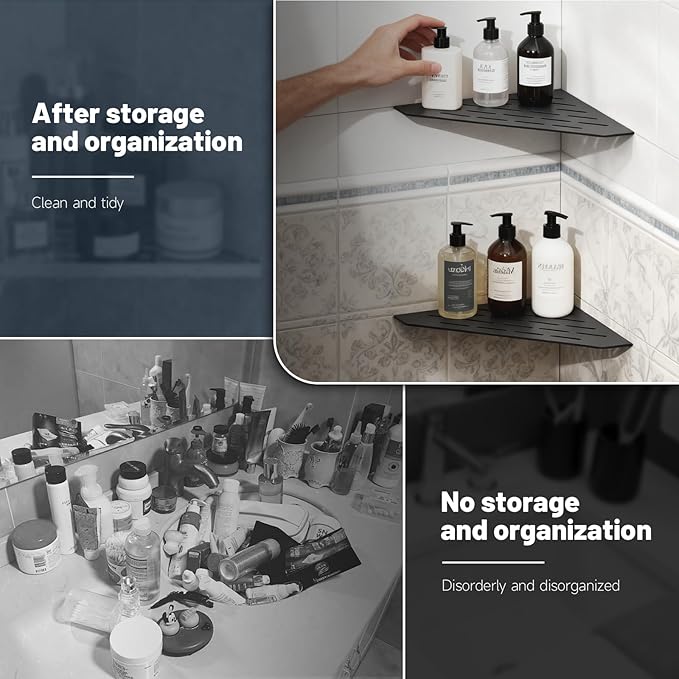 BWE 10" Corner Shower Shelves, 304 Stainless Steel Floating Corner Sheves for Wall, Heavy Duty Recessed Bathroom Shower Shelves Slot Design for Tiled Wall, No Drilling Needed 2 Pack Matte Black