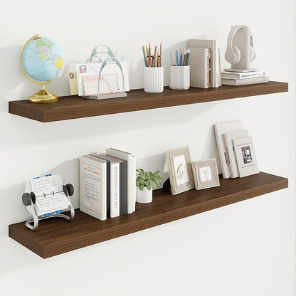 48in Floating Shelves for Wall, 48"W x 9.25"D x 1.25"H, 2 Pack Long Wall Mounted Engineered Wood Shelves with Invisible Brackets for Living Room, Bedroom, Bathroom, Kitchen Decor and Storage, Walnut