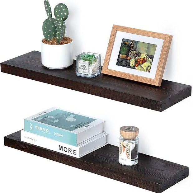 Marsmiles Wood Floating Shelves | 24 Inch Dark Wood Wall Shelves Set of 2 | 24" W x 6.7" D Rustic Wooden Shelves for Bathroom Kitchen Living Room Bedroom