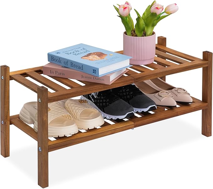 Natural Acacia Wood 2-Tier Folding Shoe Rack – Space-Saving Wooden Shoe Organizer Shelf for Entryway, Hallway, Mudroom, or Closet – Compact Indoor Storage for Footwear & More