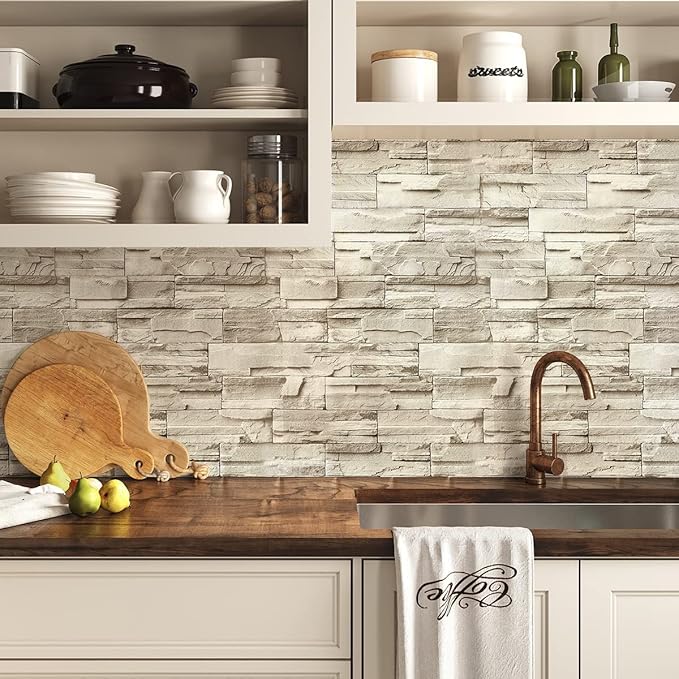 Jeweluck Stone Wallpaper Peel and Stick Brick Wallpaper 17.7”×196.8” Brick Contact Paper Peel and Stick Wall Paper Bathroom Faux Stone Backsplash for Kitchen Removable Decorative for Walls Vinyl