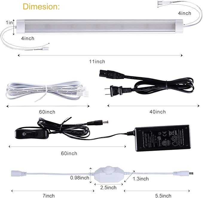 LABOREDUCER Under Cabinet Lighting Plug in Cold White 6000K, 6 Pack 11inch LED Under Cabinet Lights Wired Hardwired Linkable Dimmable with Power Adapter, 24V Under Counter Lights for Kitchen Shelf