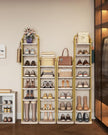 6 Tiers Vertical Shoe Rack, Narrow Shoe Tower, Tall Shoes Shelf with 2 Hooks, Adjustable Shelves, Corner Shoes Shelves for Small Spaces, Entryway, Living Room, White Gold SR04213A
