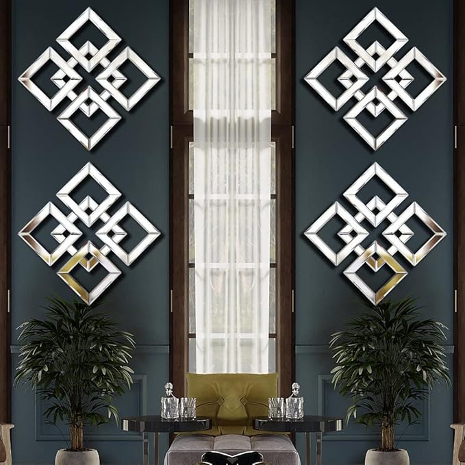 Silver Mirrored Wall Decor 16x16” Decorative Mirror Modern Fashion DIY Wall-Mounted Mirrors Square Design Gorgeous, Glam, Accent, Vintage, Chic Mirror for Room and Home Decor