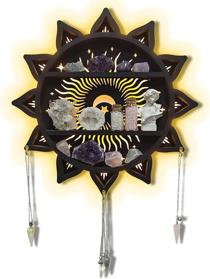 Chakra Lotus Flower Crystal Display Shelf with LED Light, Witchy Home Decor Boho Decorative Wall Mounted Trinket Shelf Wooden Sun Moon Shelf Rock Case Stone Storage Floating Hanging Holder