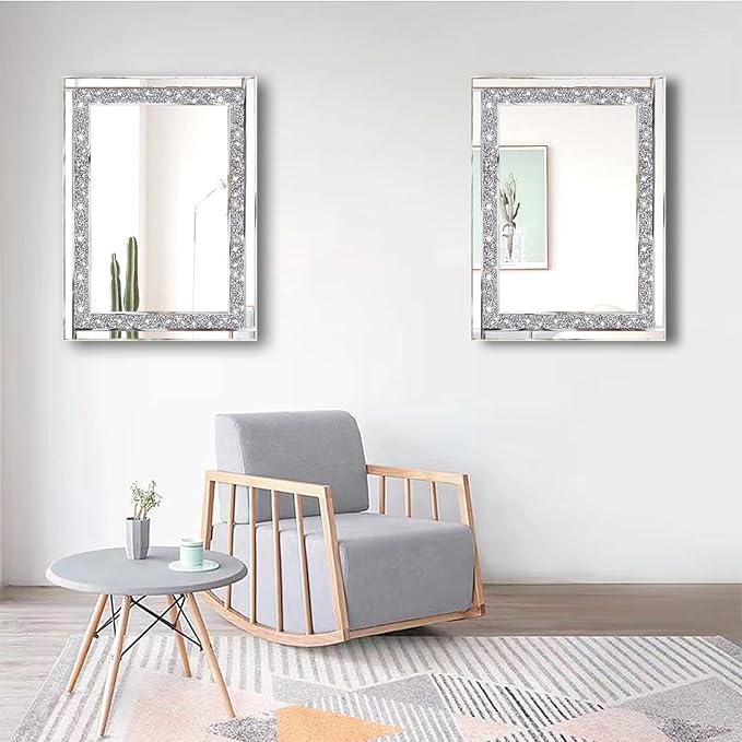 Meetart Crystal Crush Diamond Silver Mirror 11'' x 15''2 PCS, Frameless Stylish Gorgeous Diamond Decor Glam Glass Mirror. for Bedroom Bathroom Hanging Mirror Home for Wall Decor.