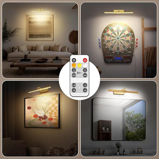 Battery Picture Light for Wall with Timer,3 Color Temps Painting Light, Rechargeable 5200 mAh and AA Battery,Metal Rotatable Head Art Display Accent Lights for Gallery Portrait Hallway Frame-Gold 16''