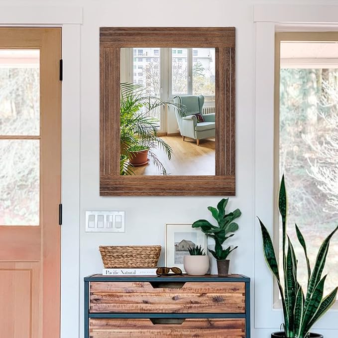 Rustic Mirror Wooden Rectangular Antique Wall Mirror Frame Decor Farmhouse Bedroom Dresser Bedroom Entryway Mirror Large Brown 26