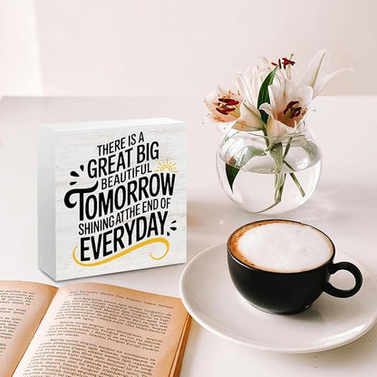 Motivational Gifts for Women Men, There is a Great Big Beautiful Tomorrow Wood Box Sign, Inspirational Quote Desk Decor for Home Office Shelf Cubicle, Rustic Wooden Box Decorative Signs
