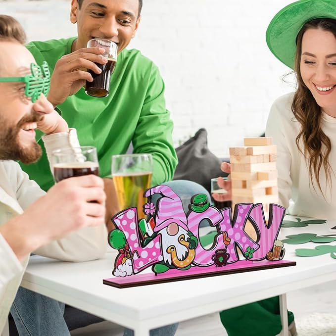 St Patricks Day Decor for Table Irish Lucky Decoration Leprechaun Wooden Centerpieces Rustic Farmhouse Sign for Tabletop Home Shelf Office St Patricks Day Party Decoration Pink