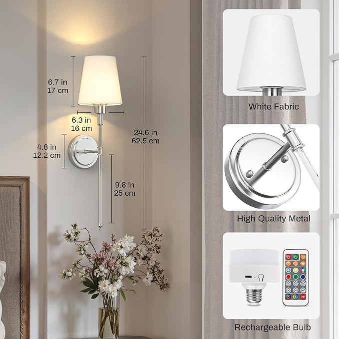 DORESshop Battery Operated Wall Sconce Set of 2, Wall Light Wireless Easy Install, Dimmable and Adjustable Sconce Wall Decor, Rechargeable Wall Lamp for Bedroom, Living Room, Chrome and Glass 24.6in