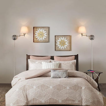 Swing Arm Wall Lamp Wall Mount Lamp with Cord Plug in Wall Sconce Lighting with Dimmable On Off Switch Wall Light with USB Port Plug in Wall Lamp for Bedroom Reading Satin Nickel Finish