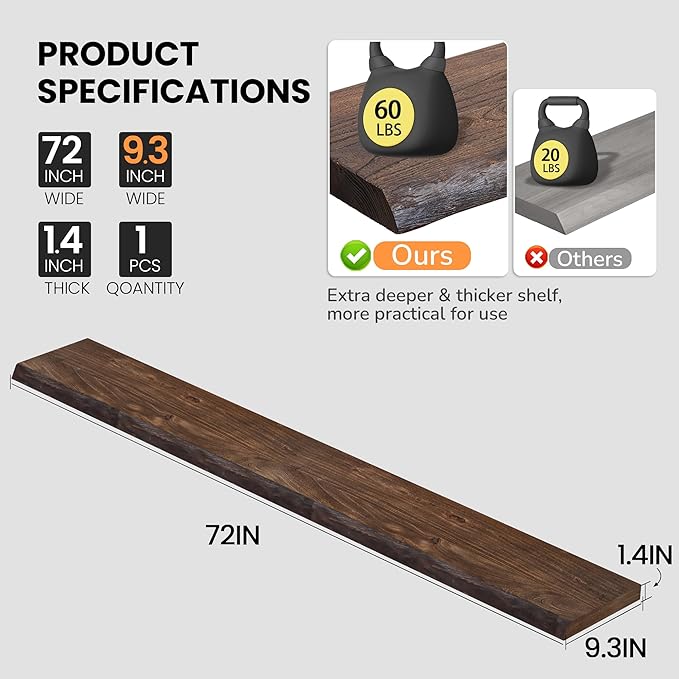 Fun Memories Floating Shelves for Wall, 72"x9.3" Rustic Solid Live-Edge Elm Wood Wall Shelves, Heavy-Duty Floating Shelves with Invisible Brackets for Living Room, Bedroom, and Kitchen, Grey Finish