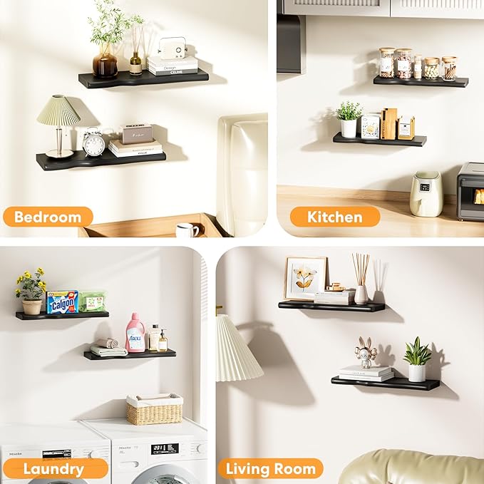 Floating Shelves for Wall Rustic Farmhouse 24 Inch Floating Shelf Bathroom Wooden Shelves for Wall Mounted Live Edge Pine Shelf with Unique Natural Grain for Living Room Bedroom Kitchen (Black)