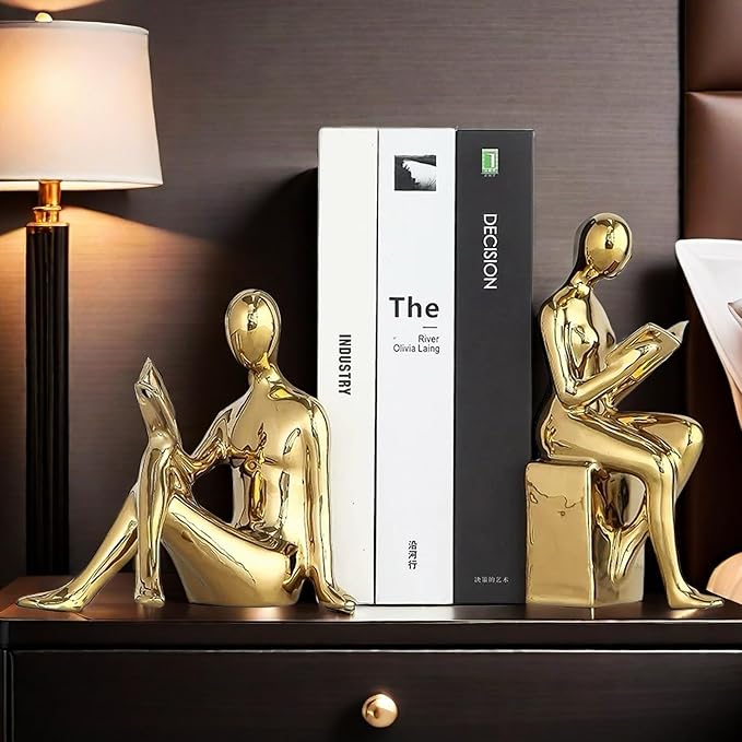 Home Decorative Reading Book Statue Bookends Elegant Ceramic Bookshelf Room Office Desk Decor,Paper Weights, Book Ends,Bookend Supports, Book Stoppers, Set of 2 (Gold)