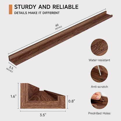 Fun Memories Picture Ledge Shelf, 40 Inch Floating Shelves Set of 2, Large Nursery Book Shelves for Toys Storage, Kids Bookshelf Wall Mounted for Wall Decor Books Photo Frames, Walnut