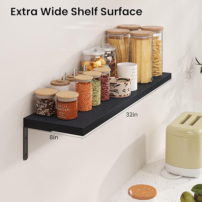 Marsmiles Extra Wide Floating Shelves for Wall, 32x8 Inch Natural Wood Grain Bookshelves, Heavy Duty Mounted Shelving for Bathroom, Kitchen, Living Room, Bedroom,Set of 2，Black
