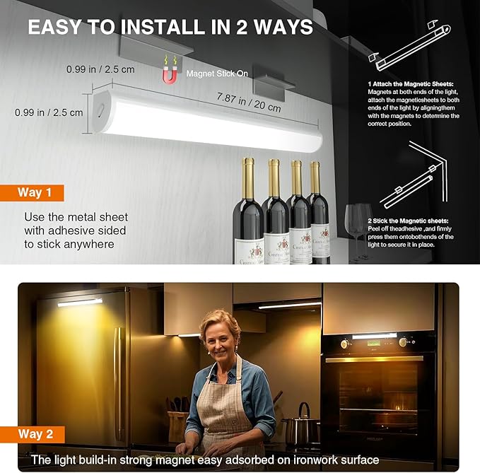 Under Cabinet Lighting Wireless with Remote,Rechargeable Battery Operated Closet Lights,3 Color Magnetic Dimmable led Strip Lights,Under Counter Lights for Kitchen,Shelf,Bedroom (White-2PCS, 20cm)