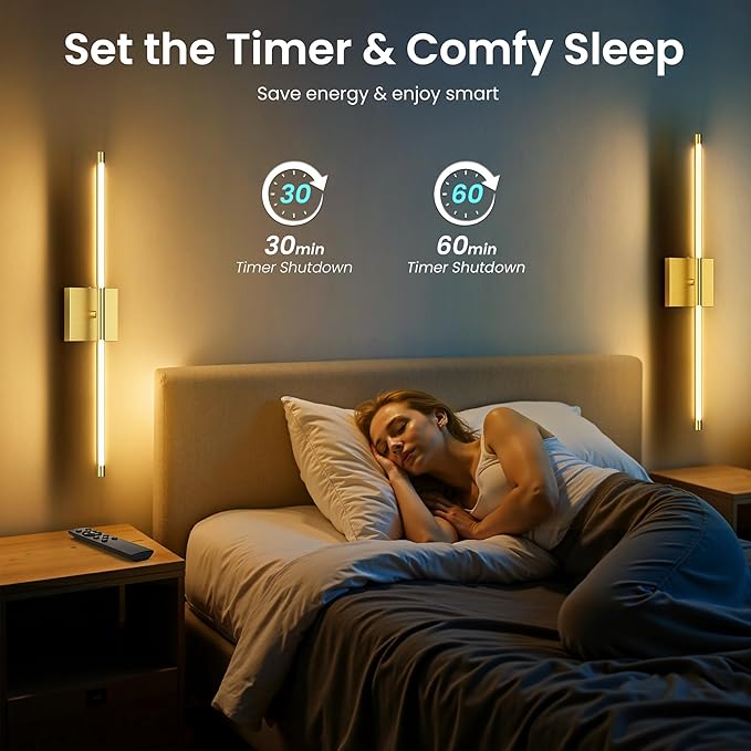 Battery Operated Wall Sconces Set of Two, 10000mAh Rechargeable Wall Lights with Remote Control, 360° Rotate Dimmable Gold LED Cordless Lamps for Bedroom, Living Room, Hallway, 29 Inch, 3CCT