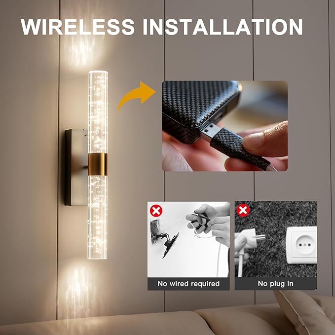 Crystal Battery Operated Wall Sconce, Black and Gold Rechargeable Wireless Wall Light Fixtures with Remote Control, 3CCT and 12 RGB Dimmable Wall Sconces Lamp for Bedroom Living Room Hallway
