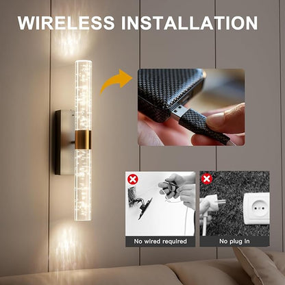 Crystal Battery Operated Wall Sconce, Black and Gold Rechargeable Wireless Wall Light Fixtures with Remote Control, 3CCT and 12 RGB Dimmable Wall Sconces Lamp for Bedroom Living Room Hallway