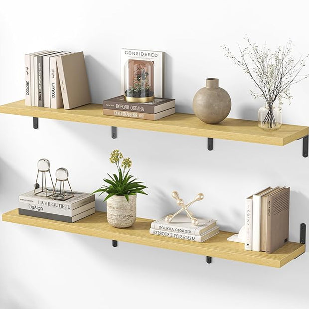 Marsmiles Extra Wide Floating Shelves for Wall, 48x8 Inch Natural Wood Grain Bookshelves, Heavy Duty Mounted Shelving for Bathroom, Kitchen, Living Room, Bedroom,Set of 2，Oak