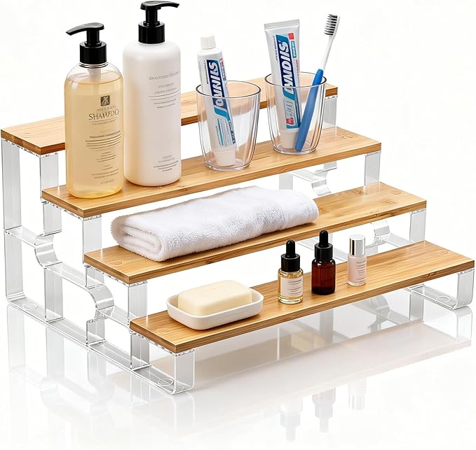 junyuan Bathroom Organizers and Storage,4 Tier Spice Rack Organizer for Countertop,Kitchen Countertop Organizers and Storage Shelf,Bamboo Tiered Display Stand,Clear Extended Width 14