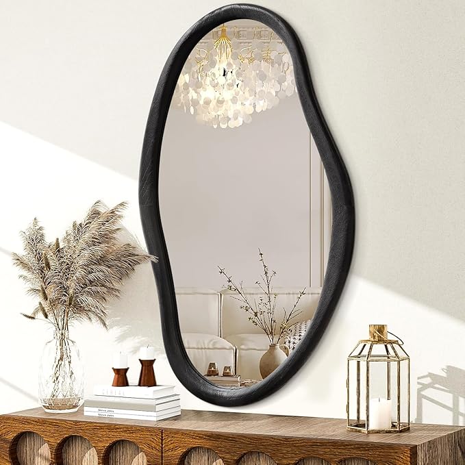 JJUUYOU Irregular Wall Mirror Black Asymmetrical Wooden Mirror 30"x18" Large Home Decorative Wall Mounted Vanity Mirrors for Bathroom Dressing Room Living Room