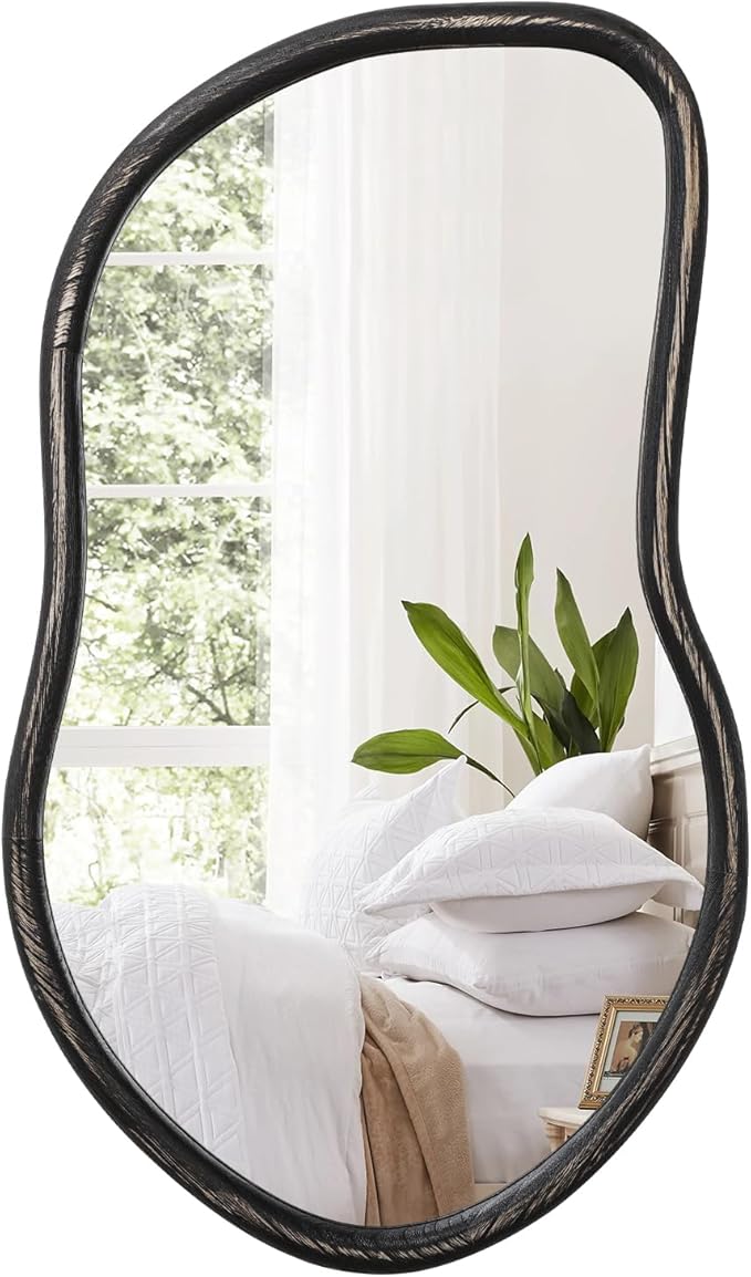 Wood Frame Asymmetrical Irregular Wall Mirror Large Bathroom Mirror for Over Sink Rustic Black Wall Mounted Mirror for Living Room Bedroom Entryway Hallway