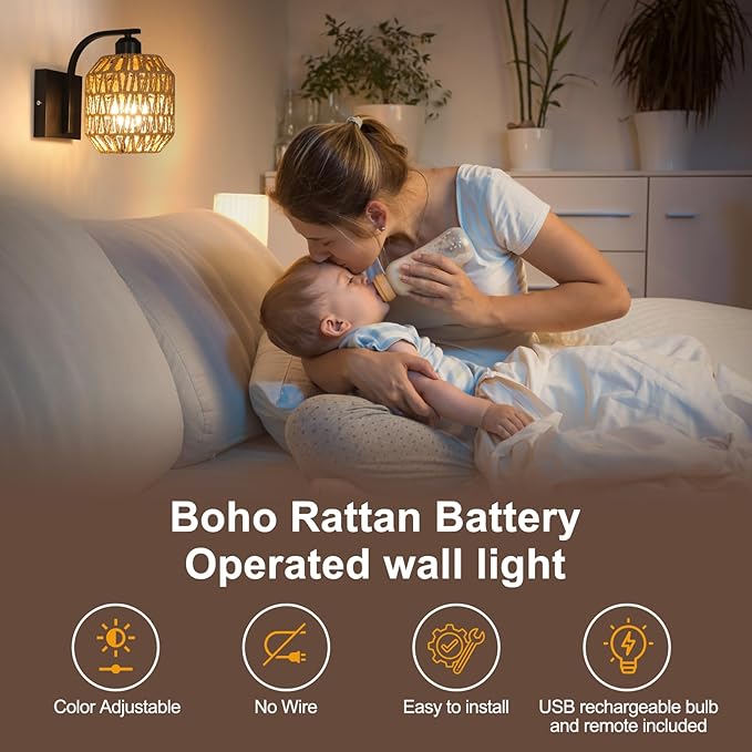 Black Rechargeable Battery Operated Wall Sconces Set of 2 with Remote, Boho Rattan Wireless Dimmable Battery Powered Wall Lights, Cordless Wall Lamp Lighting Fixture for Bedroom Living Room