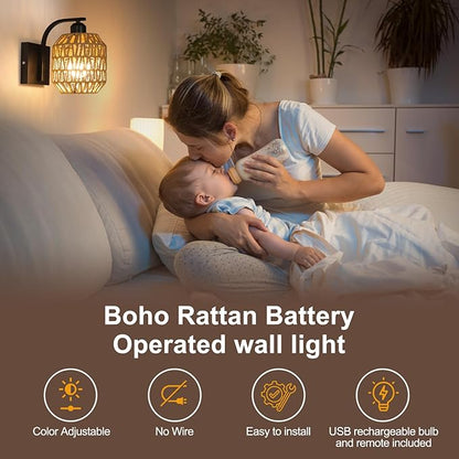 Black Rechargeable Battery Operated Wall Sconces Set of 2 with Remote, Boho Rattan Wireless Dimmable Battery Powered Wall Lights, Cordless Wall Lamp Lighting Fixture for Bedroom Living Room
