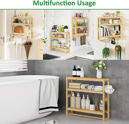 RRX Bathroom Shelf Storage Organizer, Bathroom Shelf 3-Tier Adjustable Layer Bamboo Organizer with Bar, Hanging, Freestanding Over Toilet Utility Shelves, Beige