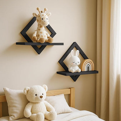 Floating Shelves for Wall,Decorative Wall Shelf,Hanging Shelf for Plants Storage Display Holder,Indoor Decor for Living Room Home Office Bathroom Bedroom,Solid Wood,Diamond Shaped,2 Pack(Black)