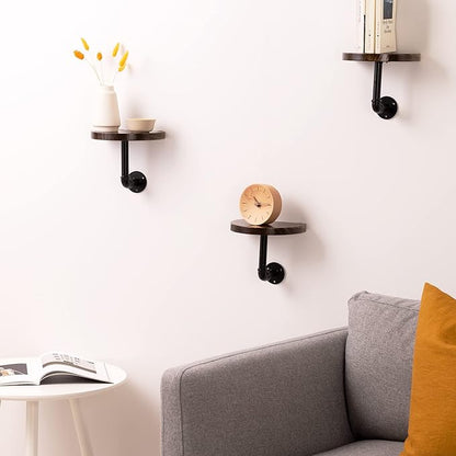 Navaris Industrial Pipe Shelf Set - 3 Small Rounded Wood Shelves with Shelf Brackets - 7.9" x 5.9" Wall-Mounted Wooden Shelving - Size S, Dark Brown