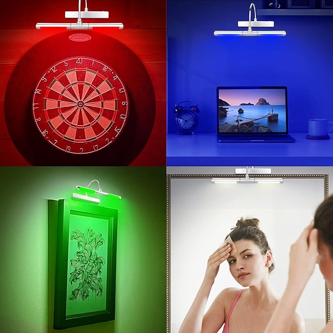 LUXSWAY Wireless Picture Lights for Paintings,Rechargeable Battery Art Display Light with Remote Control,Dimmable and Timer Off Dart Board Light with Aluminum Finish,Upgrade 12 Color Changing-Silver