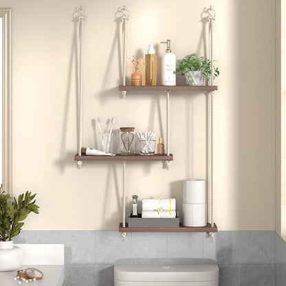 Hanging Shelves for Wall, 3 Tier Boho Hanging Plant Shelf, Floating Shelves Rope Rustic Wood Organizer Storage Hanger Rack for Aesthetic Home Bedroom Kitchen Bathroom (Champagne Flower)