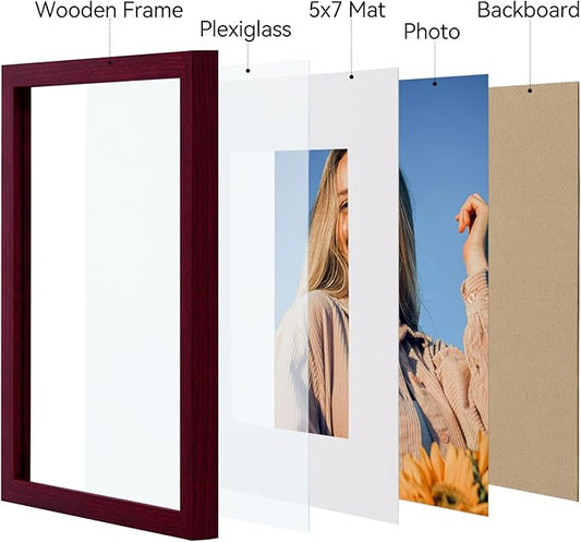 Vittanly 8x10 Picture Frames Set of 4, Display Pictures 5x7 with Mat or 8x10 without Mat, Gallery Frame Set for Wall or Tabletop Display, Engineered Wood with Shatter Resistant Plexiglass, Cherry Red