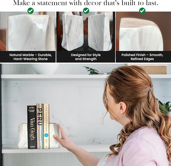 USIA White Marble Bookends - Heavy Duty 9.8 lbs Stone Book Ends for Shelves, Modern Decorative Book Holder Set of 2 - Premium Handmade Marble Book Ends for Office, Library, or Home Decor