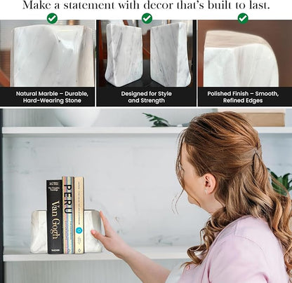 USIA White Marble Bookends - Heavy Duty 9.8 lbs Stone Book Ends for Shelves, Modern Decorative Book Holder Set of 2 - Premium Handmade Marble Book Ends for Office, Library, or Home Decor