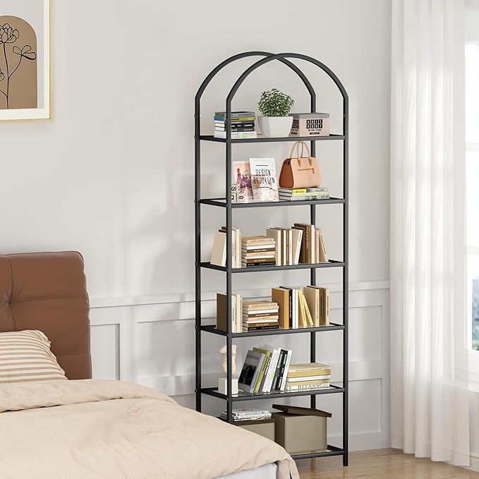 Homhedy Bookshelf Arched Display Racks,Metal Bookcase,Tempered Glass Shelves,Storage Rack Shelf for Home Office,Living Room,Bedroom, Bathroom,Modern Style (Black, 11.8