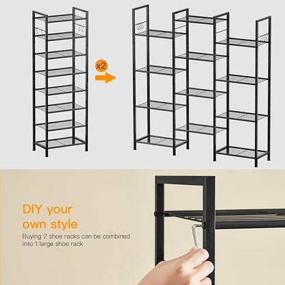 usikey 8 Tiers Narrow Shoe Rack 16-24 Pairs, Sturdy Metal Tall Shoe Rack with 4 Hooks, Slim Shoe Storage Organizer with Metal Shelf, Space Saving Vertical Shoe Shelf for Entryway Black UNYXJX016H