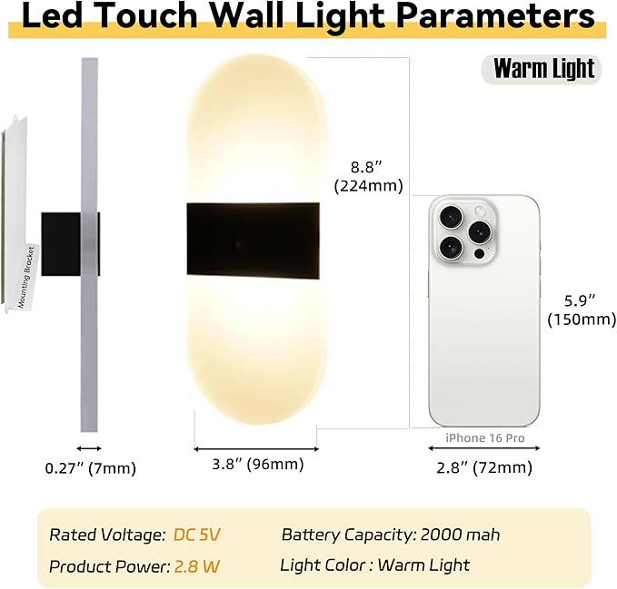 Modern Wall Sconces,2 PCS Acrylic LED Wall Lamps for Living Room Bedroom Hallway,Rechargeable USB Battery Operated,Adjustable Light,Bedside Lights,Touch Control Switch Warm Light(Arc-Shaped)