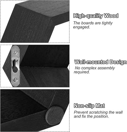 YBING Hexagon Floating Shelves Black Hexagon Shelves for Wall Wood Farmhouse Storage Honeycomb Shelves Set of 6 Hexagon Wall Mounted Home Decor Storage Shelves for Living Room Bedroom Office