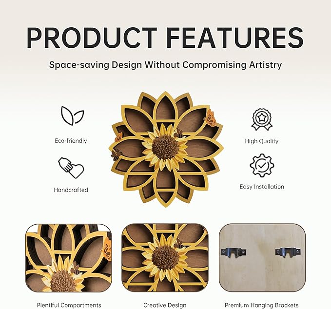 Sunflower Gifts for Women, Sunflower Decor Wooden Wall Floating Shelves with Lifelike Flower & Bee Accents, Trinket Crystal Display Shelf Boho Decor for Home Bedroom Living Room, Birthday Gift for Her