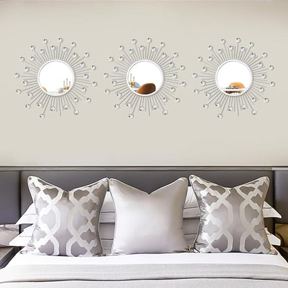3 Pack Metal Mirrors for Wall Sunburst Wall Mirrors Home Décor Decorative Hanging Wall Art for Living Room Bedroom Entryway (Silver Crystal, Sunburst)