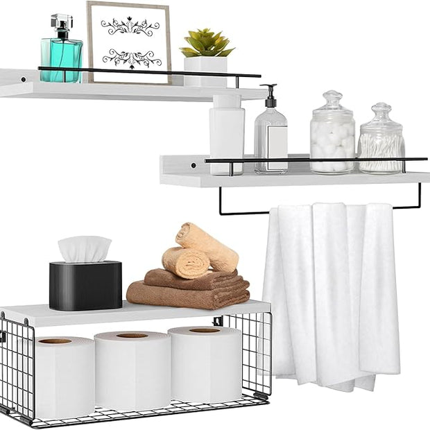 Floating Shelves for Wall, Wood Bookcases, Decor for Kitchen| Farmhouse| Bedroom| Laundry Room| Living Room| Bathroom, Hanging Storage - White