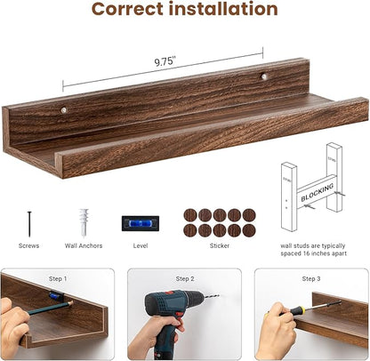 Heimlove Floating Shelves Set of 6, 16" Wall Mounted Picture Ledge, Display Shelf Organizer for Decor Storage, Wall Mounted Shelves for Living Room, Bedroom, Bathroom, Kitchen (Walnut)