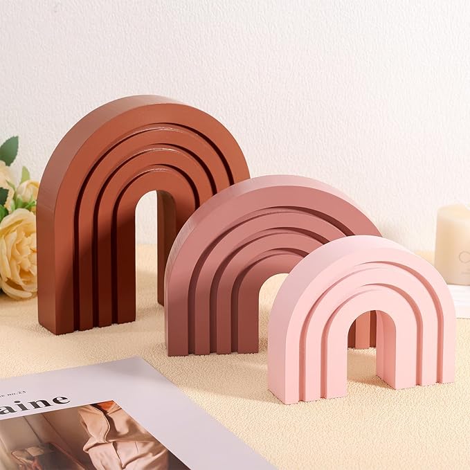 Set of 3 Pink Boho Shelf Decor Wood Arch Rainbow Room Decor Modern Wooden Arch Decoration for Shelf Table Mantel Book Ends Living Room Office Nursery Home Aesthetic Decorations
